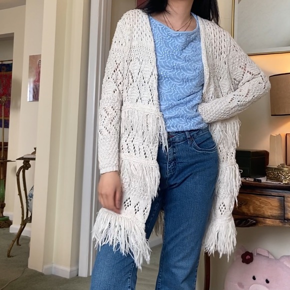 En Creme Bohemian Open Weave Chunky Knit Long Cardigan - Picture 1 of 11